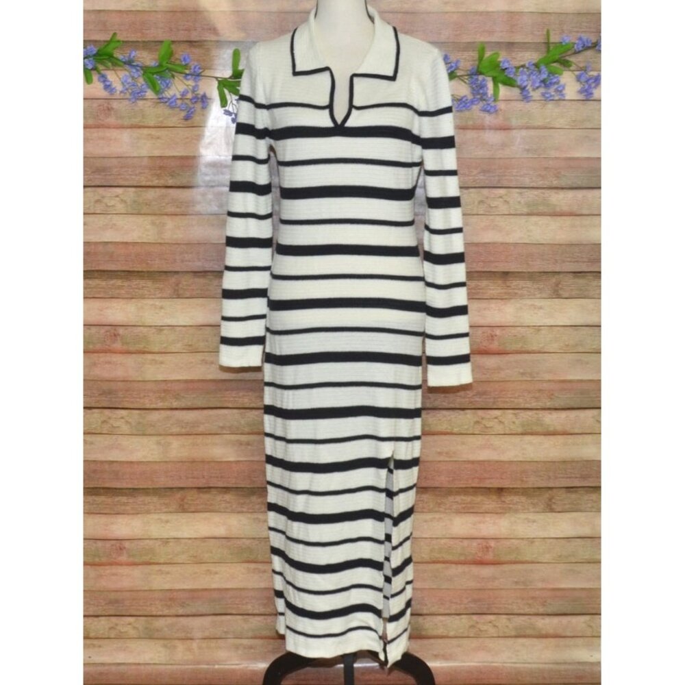 Knit Striped Polo Dress Casual Long Sleeve V Neck Slit Midi Bodycon Size XL